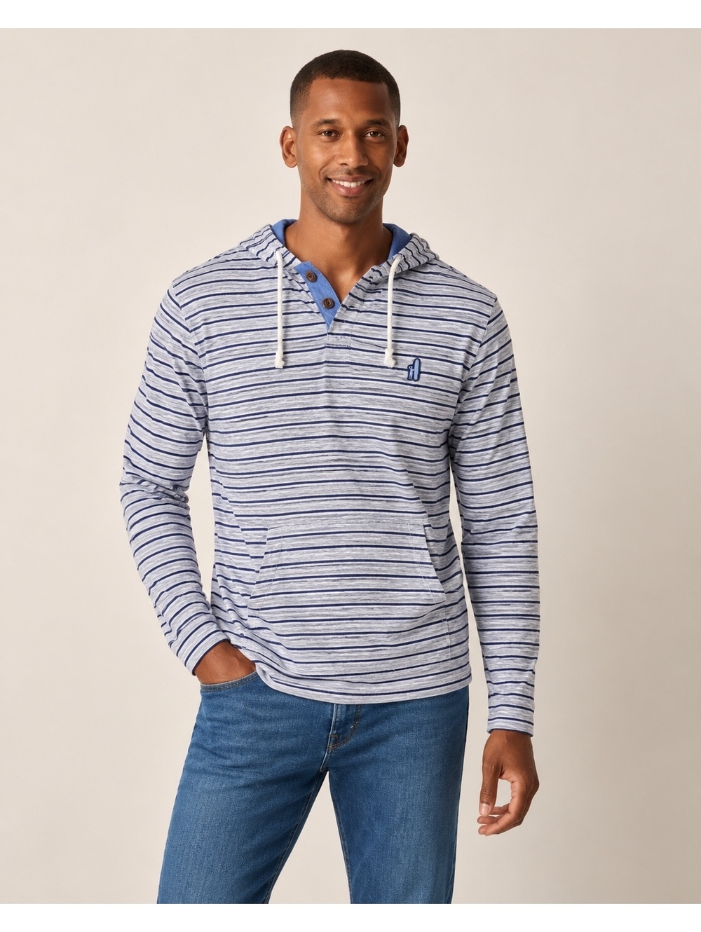 Johnnie-O Men's 1/4 Button Pullover Hoodie JMK1910 Heather Gray Navy Striped M